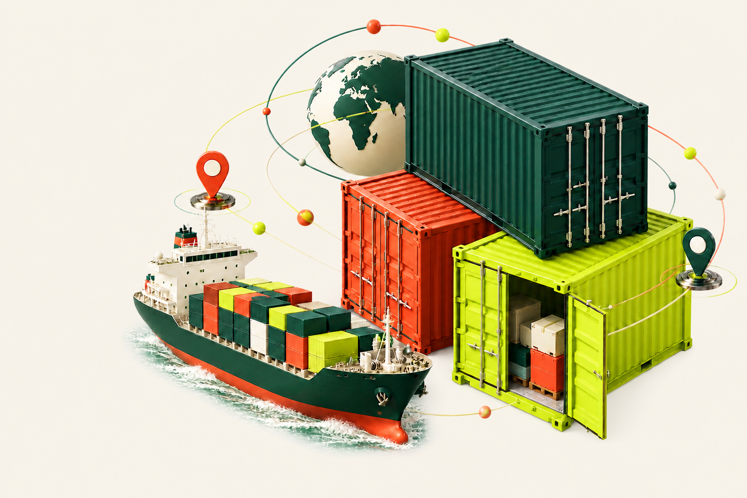 3D cargo containers, global trade routes and a container ship