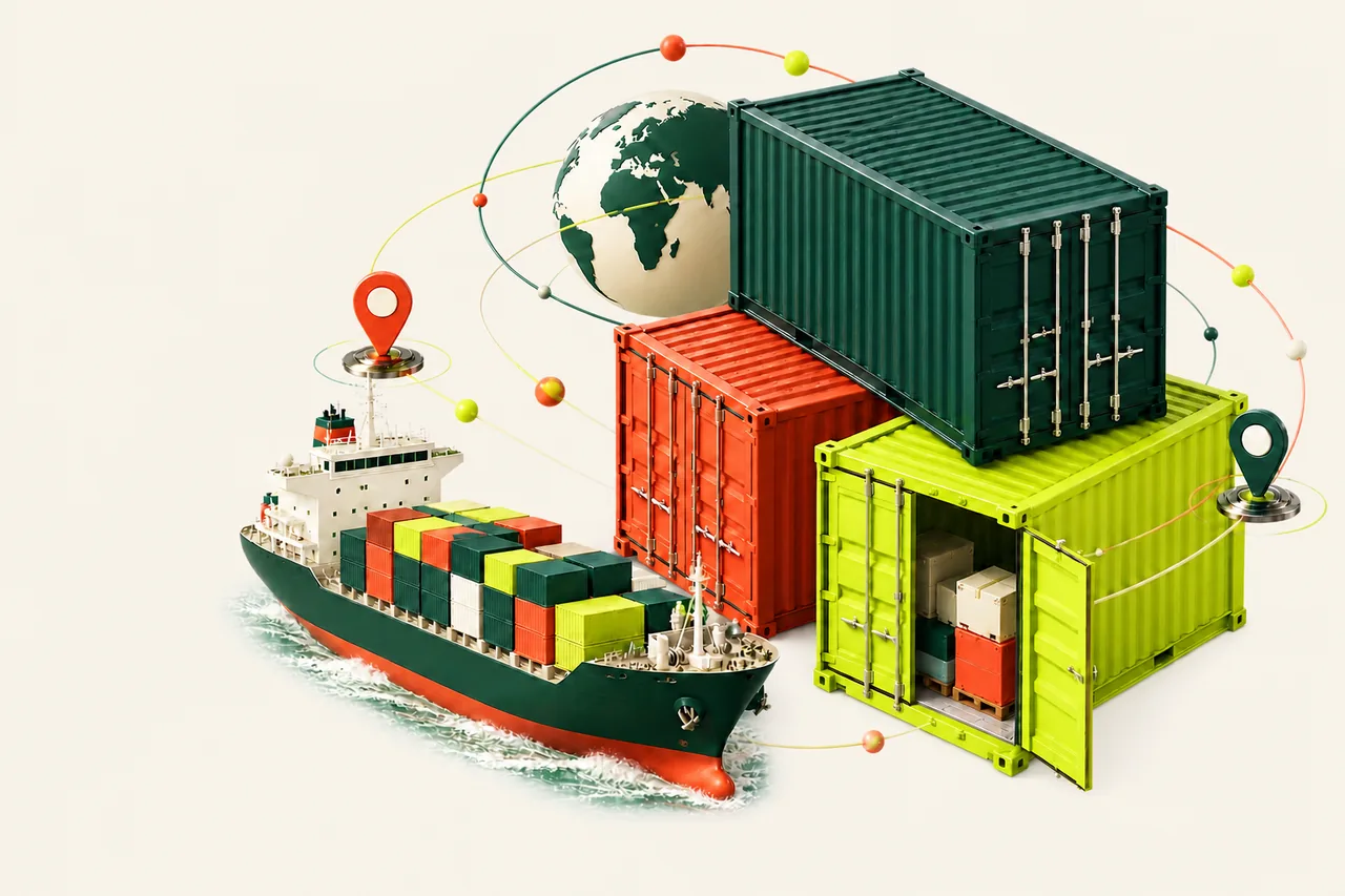 3D cargo containers, global trade routes and a container ship